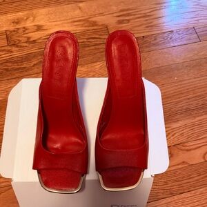DKNY Red Leather Slide Mules with Square Toe